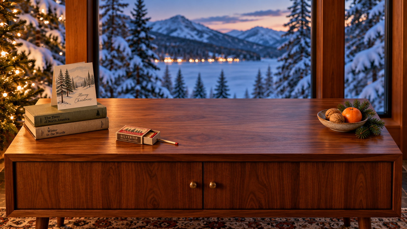 Walnut table with a matchbox, Christmas books and a softly blurred snowy window