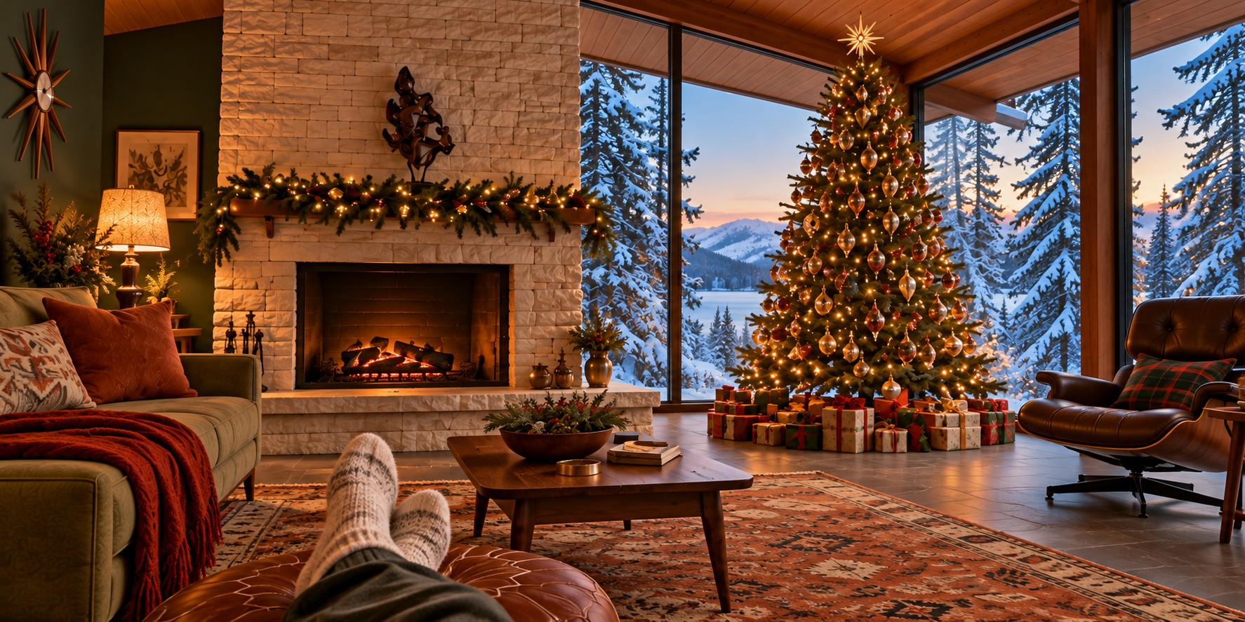 Socked feet in the midcentury room, with the Christmas tree and snowy windows to the right