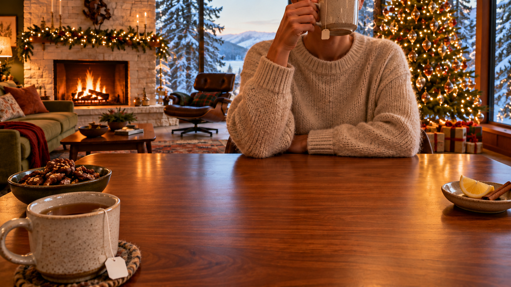 Tea and snacks at the walnut table, firelight on the left and snowy windows on the right