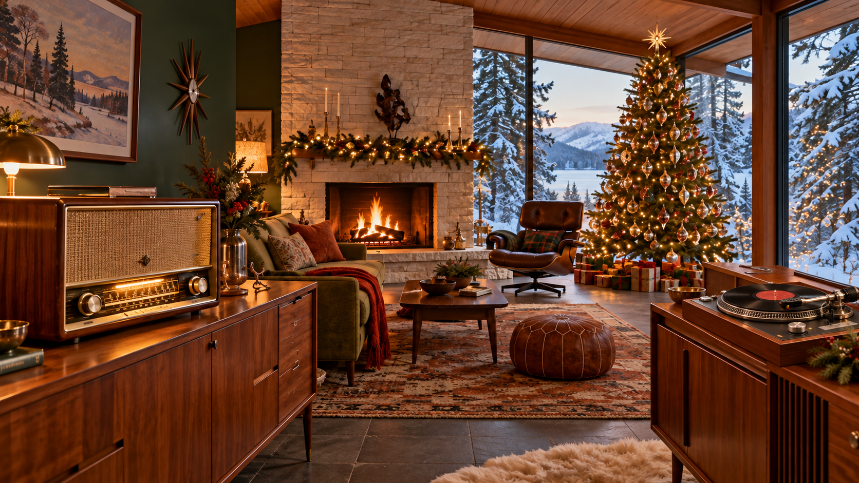 Midcentury Christmas room with vintage radio, fireplace and walnut record player